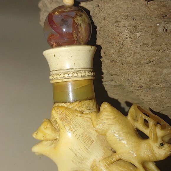 Antique Agate Bead Necklace Carved Antler Pendant Deer Elk Artisan Craft Rustic - Picture 5 of 16